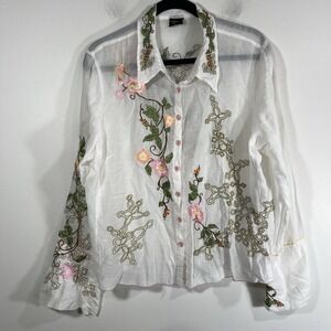 Tribal White and Green Embroidered Button Down Shirt